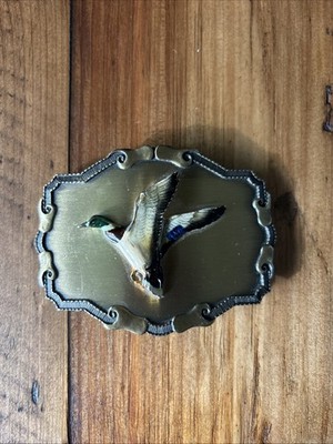 Vintage Brass Belt Buckle 1978 Mallard Duck In Flight Raintree Made in USA 