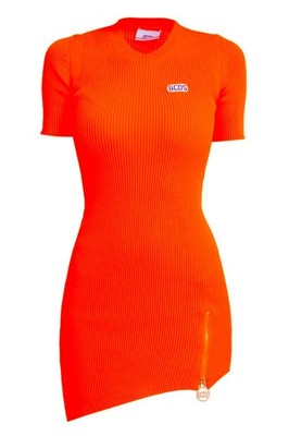 GCDS Asymmetric Zip Logo Toggle Ribbed Knit Fluo Dress S 4/6 Italian Streetwear