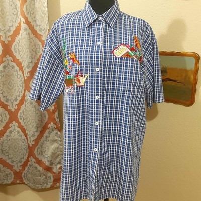 VTG Bechamel Womens Large Button Up Blue Shirt gardening Butterfly seersucker