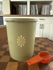 Vintage Tupperware Servalier Lidded Canister Olive Green Starburst Orange Scoop