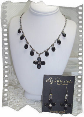  Liz Palacios Jet Black Swarovski Elements Necklace & Matching SS 925 Earrings 