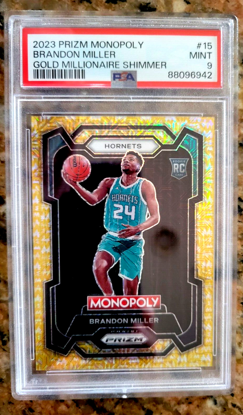 Brandon Miller 2023 Panini Prizm Monopoly Gold Millionaire Shimmer 19/500 PSA 9