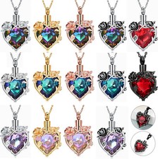 Rose Flowers Crystal Heart Cremation Pendant Keepsake Urn Necklace For Ashes
