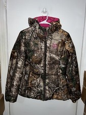 Nwot Womens Realtree Xtra Camo Pink Puffer Full Zip Jacket Coat With Hood Sz S