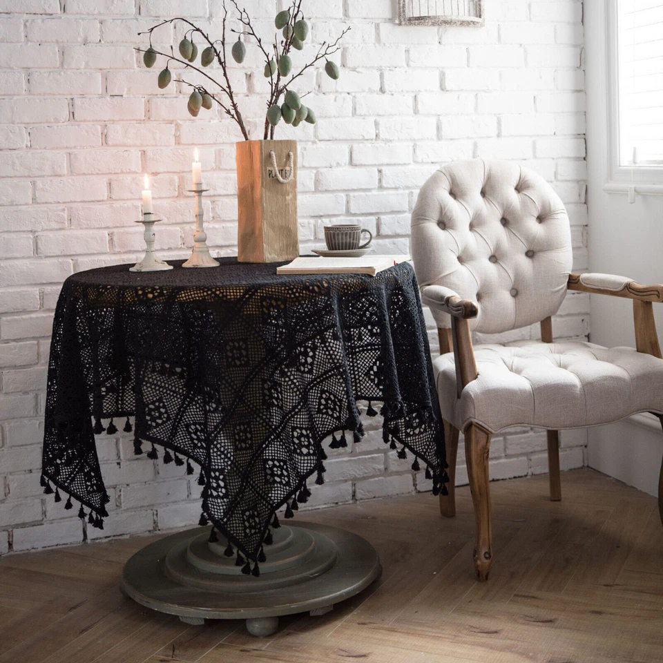 Black Vintage Hand Crochet Tablecloth Rectangle Square Lace Table Cover Doily - Image 2 of 4