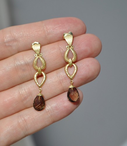18k Solid Gold Smoky Quartz Earrings Dangle Teardrop Pear Rose Cut 1 1/2" Long - Picture 5 of 5