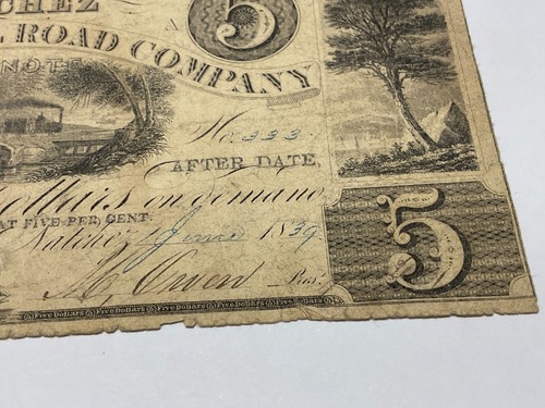 NATCHEZ MISSISSIPPI RAILROAD CO EARLY BOND FIVE DOLLARS JUNE 1839 TWELVE MONTHS - Picture 10 of 20