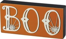 NEW!~Primitive Wood Block Sign ~ Halloween "Boo" Spider Web ~ Plaque