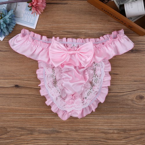 Sissy Men's Bare Bum Briefs Underwear Lady Boy Lace Frilly Bow Open Butt Panties - Picture 7 of 102