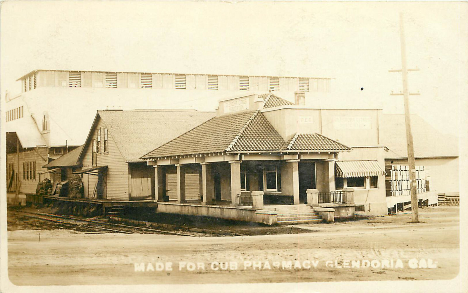 RPPC Postcard Glendora Citrus Association Packing House Cub Pharmacy