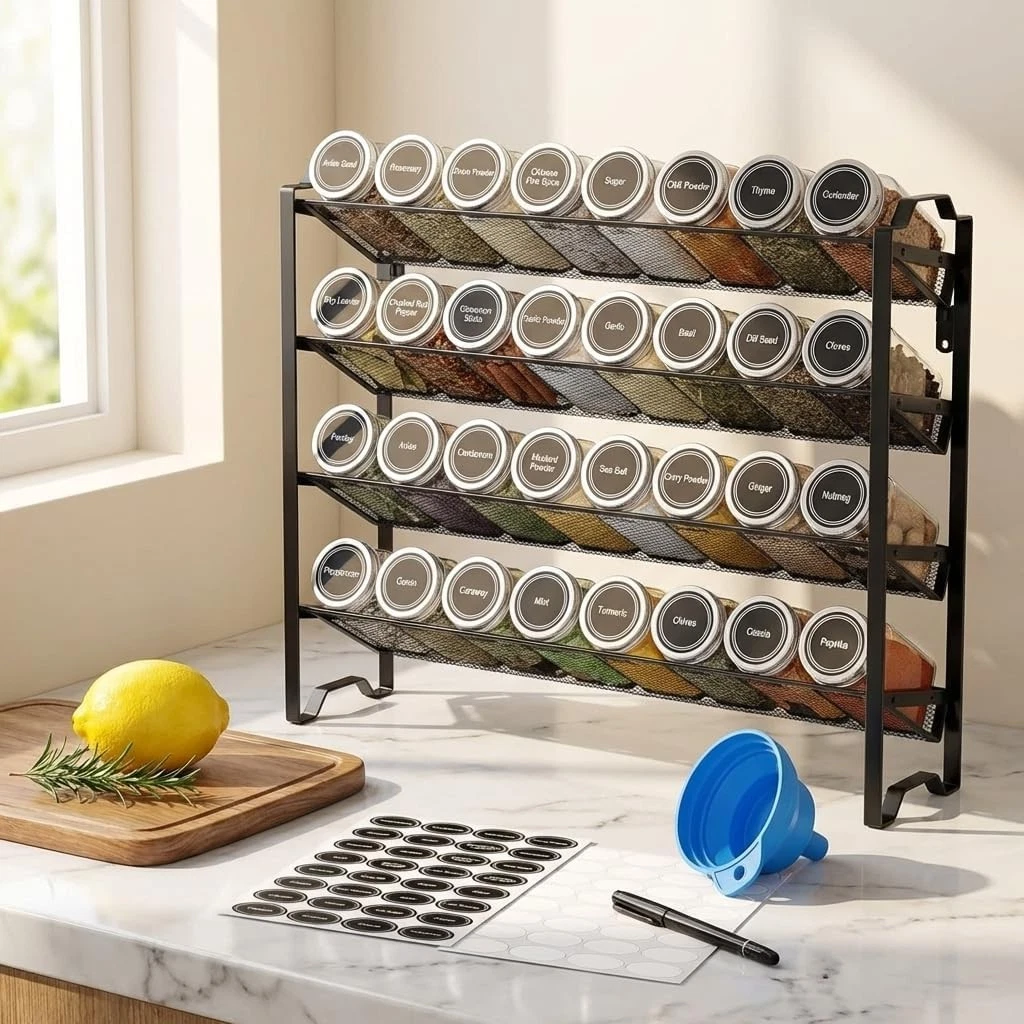 Spice Rack Organizer with 32 Empty Spice Jars, 64 Spice Labels, Chalk Marker ...