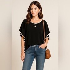 Black Poncho Top Made in USA Contrast Trim Flutter Sleeve Oversized - L