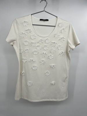 Weekend Max Mara White 3-D Daisy Flowers Appliqué T-shirt size L EUC