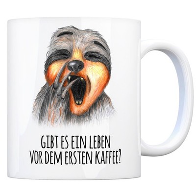 Kaffeebecher mit Faultier Motiv und Spruch: Gibt es ein Leben vor dem ersten ...