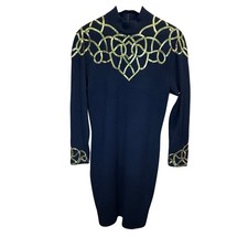 ST.JOHN by Marie Gray Knit Dress Navy Gold Celtic Knot Mock Neck