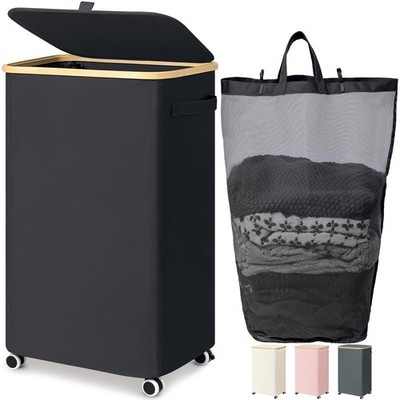 Laundry Basket Wheels 100L Rolling Hamper Lid Removable Bag Black Bin