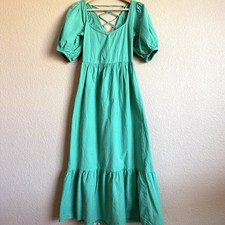 ASOS Kelly Green Cotton Linen Blend Long Maxi Dress Lace Up Puff Sleeves Sz 2