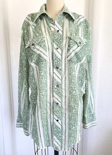 Vtg 60s 70s Pearl Snap Shirt Western Green Print Hippie Mens 42" chest 15 1/4"