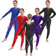 Kids Girls Jumpsuit Gymnastics Leotard Skating Bodysuit Skirted Round Neck