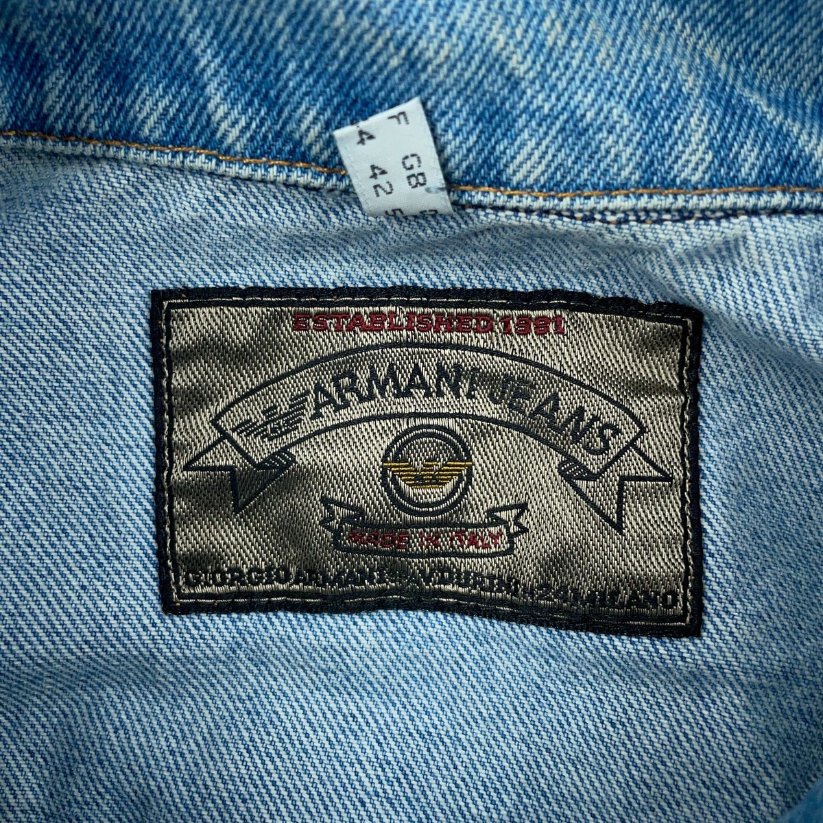 Vintage Armani Jeans Denim Trucker Jacket Mens 36 Boxy Embroidered