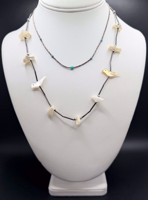 Vintage Southwestern 2Pc Lot Liquid Silver Necklaces Turquoise MOP Carved Birds