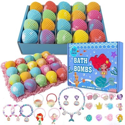 20 Pack Mermaid Bath Bombs with Surprise Jewelry Inside for Kids
