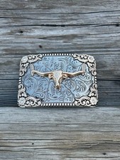 Silver and Gold Longhorn Design Western Style Belt Buckle