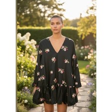 ASOS Women Floral Embroidered Drop Waist Mini Dress 10 Black Bohemian