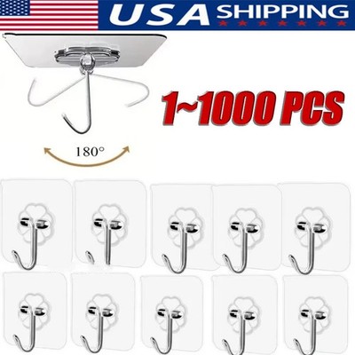 1~500 PCS Stainless Steel Adhesive Sticky Hooks Heavy Duty Wall Hook Hangers lot