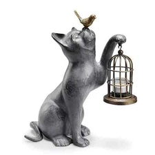 Cat With Bird Cage Night Of Discovery Lantern Garden Statue ~ SPI Home 34192