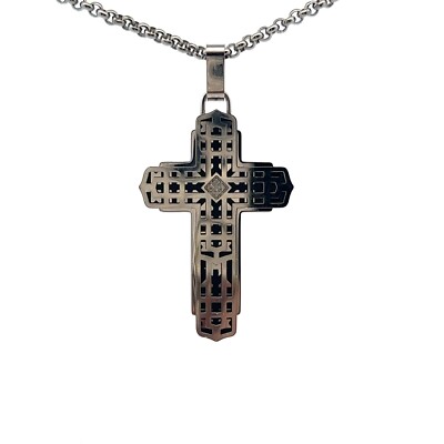 Black Blue Natural Diamond Stainless Steel Cross Pendant Necklace 