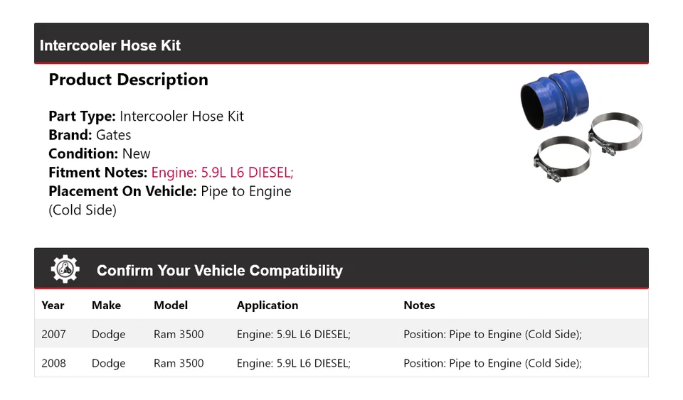 Kit de puertas de manguera intercooler para Dodge Ram 3500 2007-2008 Foto 2 de 3