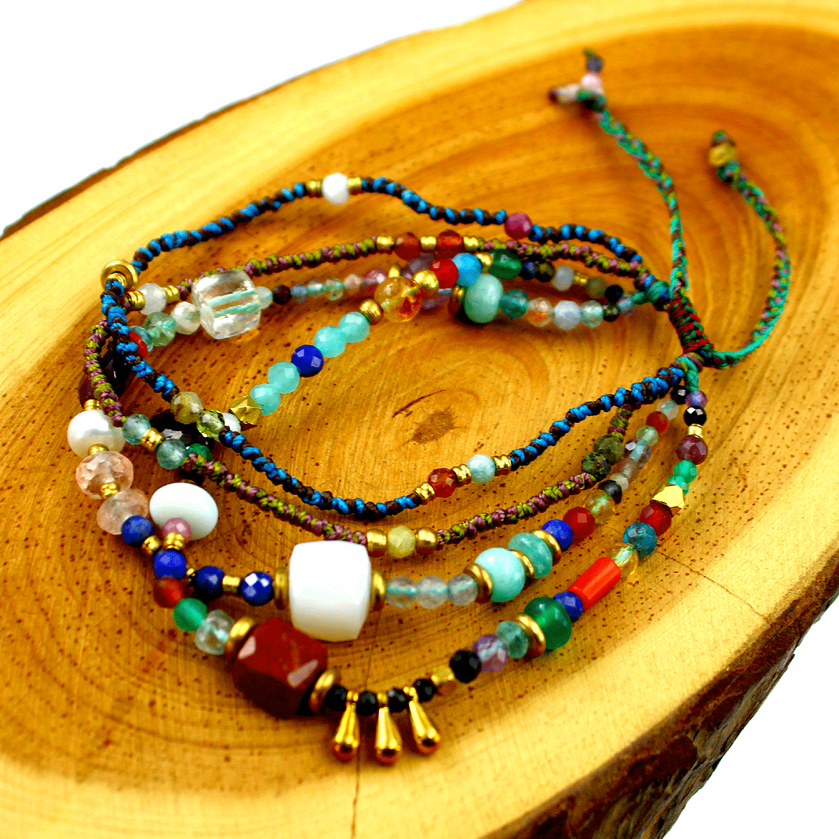 Handmade Strand Natural Multi Gemstone Boho Micro Macrame Beaded Cuff  Bracelet