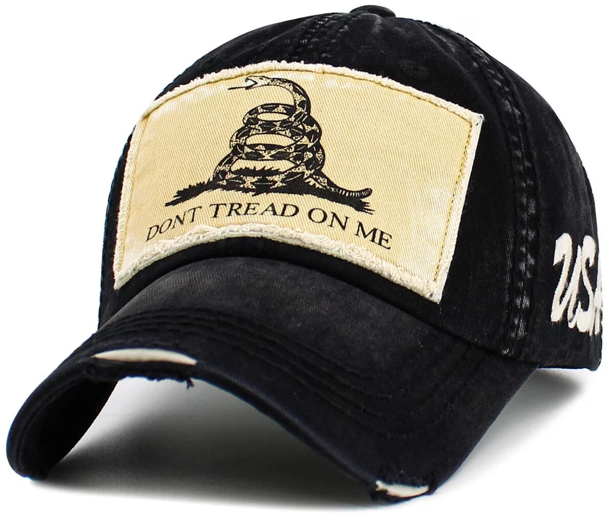 Don't Tread on Me 1776 Gadsden Flag Patched USA Distressed Black Dad Hat