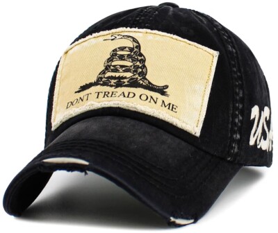 Don't Tread on Me 1776 Gadsden Flag Patched USA Distressed Black Dad Hat