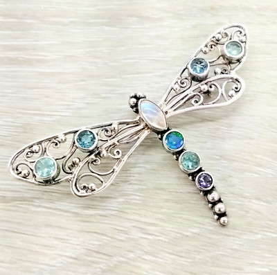 Sajen Sterlingsilber Drachenfliege Mondstein mehrfarbig Edelstein Pin Anhänger FZ