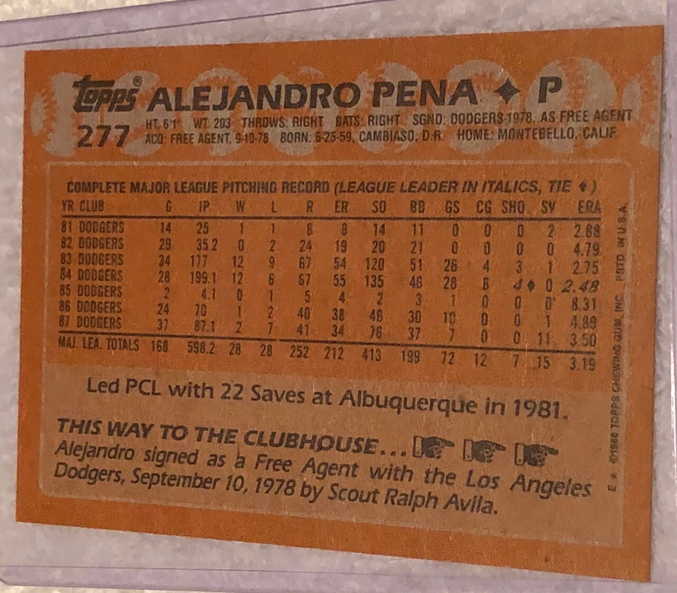 Alejandro Pena 1988 Topps #277 Los Angeles Dodgers Pitcher - Image 2 of 2