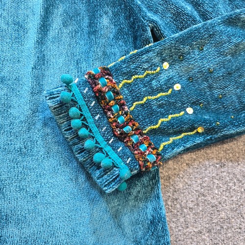 Storybook Knits Sweater Womens Size Medium Green Chenille Beaded Buttons Pom Pom - Picture 3 of 10
