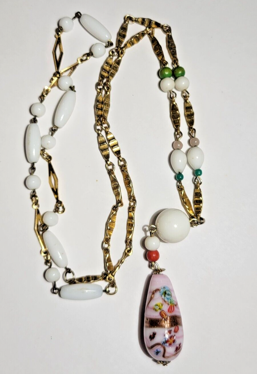 Collier Vintage En Verre Millefiori, Cristal Et Agate Verte - Longueur 56-60 Cm - Très Bon état