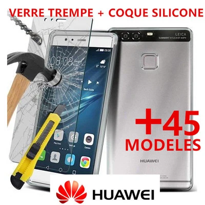 HOUSSE COQUE SILICONE pour HUAWEI + FILM PROTECTION ECRAN VITRE VERRE TREMPE - Photo 1/4
