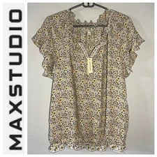 NWT Max Studio Yellow Floral Flutter Sleeve Blouse Size Large Retails $78 New