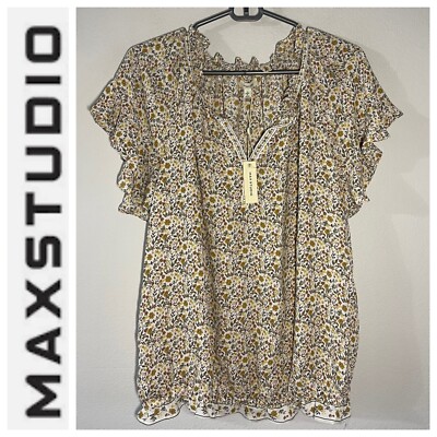 NWT Max Studio Yellow Floral Flutter Sleeve Blouse Size Large Retails $78 New