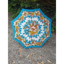 Vintage Child's Cloth Umbrella Kokeshi Handle Pig Cartoon Motif