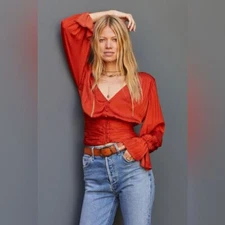 Anthropologie Button Down V-Neck Puff-Sleeved Blouse Burnt Orange Sz Small NWT