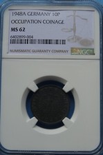 Okupacja aliancka 1948 A 10 fenigów NGC MS62!! Rzadki!1 VHB! Wysoka klasa!