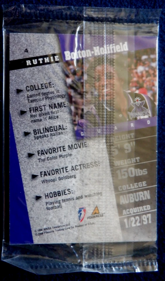 Pinnacle WNBA 2 card sample pack 1998, Rebecca Lobo, Ruthie Bolton-Holifield - Image 2 of 2