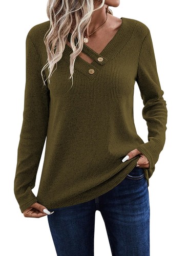 Women's Long Sleeve V-Neck T-Shirt Casual Ribbed Knit Work Top 2025 Style