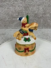 5" Hinged Trinket Jewelry Box Christmas Seasonal Holiday Bear & Horse Multicolor