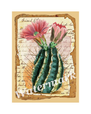 Flowering Cactus Collage Cotton Crazy Quilt Block (2C