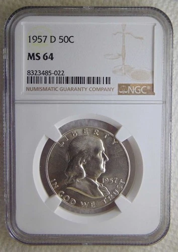 1957 D Franklin 50C Silver Half Dollar, NGC MS64, NICE COIN, SWEET!